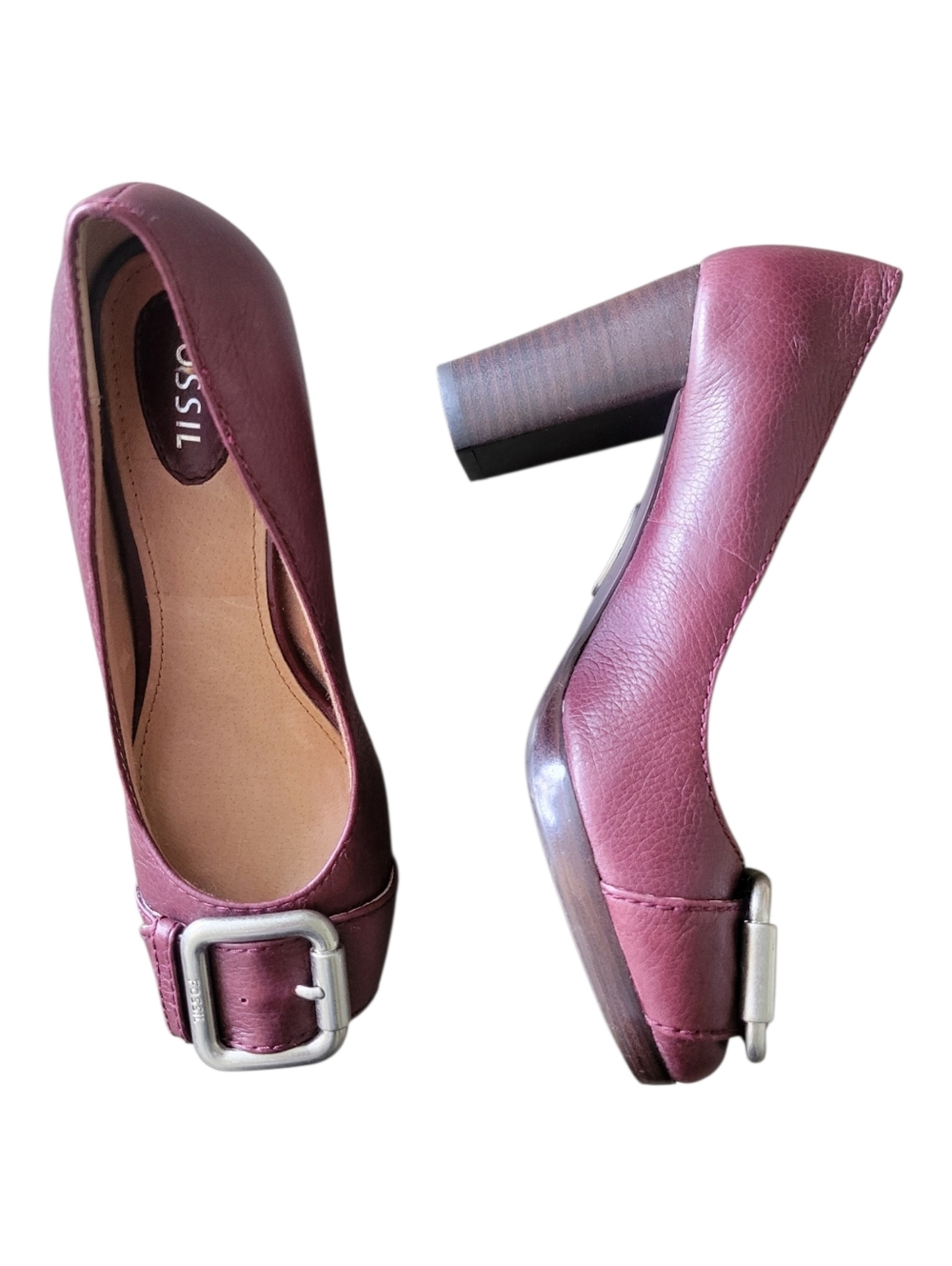 Fossil Leather Heeled Loafers Burgundy Silver Buckle Wood Heel Maddox Shoes 7.5